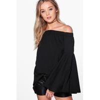 Woven Extreme Frill Sleeve Off The Shoulder Top - black