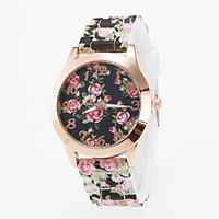 Women\'s European Style Fashion Gold Flower Print Silicone Wrist Watch Cool Watches Unique Watches Strap Watch