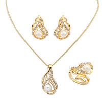 Women\'s European Exaggerated Fashion Twist Pearl Shiny Rhinestone Necklace Earrings Ring Set Bridal Set