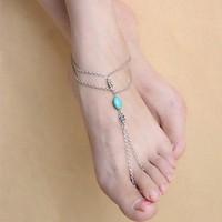 Women\'s Anklet/Bracelet Silver Plated Turquoise Alloy Unique Design Carved Tassels Bohemian Fashion Simple Style Flower Jewelry Silver