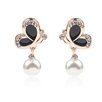 Women Korean New Oil Painting Pearl Crystal Earrings Black White Butterfly Earrings 1pair