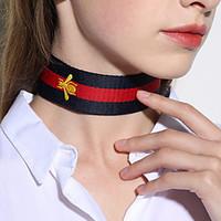 Women\'s Embroidered Bees Fabric Choker Necklaces Jewelry Unique Design Red and blue Stripes Color Short Necklace For Party Birthday Congratulations