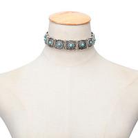 Women Turquoise Metal Flower Collar Fashion Exaggerated Retro National Style Short Necklace 1pc