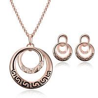 Women Wedding Party Hollow Double-ring Rotatable Engraving Crystal Rose Gold Clavicle Chain Necklace Earrings Two-piece