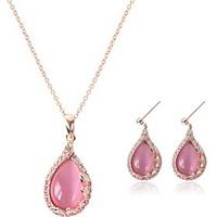 Women Wedding Party Pink Opal Water Droplets Pendant Necklace Earrings Jewelry Set Birthday Gifts