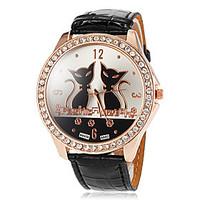 Women\'s Big Round Diamante Case Cat Pattern Dial PU Band Quartz Wrist Watch (Assorted Colors) Cool Watches Unique Watches Fashion Watch