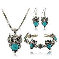 Women\'s European Fashion metal Imitation Turquoise Cute Little Owl Necklace Earrings Bracelet Set