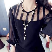 womens fashion sweet alloy flowers pearl sweater chain necklaces 1pc