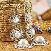 womens retro national wind three layers pearl drop earrings