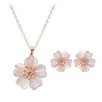 Women Wedding Bridal Fresh Opal Flower Pendants Necklace Clavicle Chain Earrings Two-piece