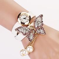 womens white dial diamond two layer band butterfly pearl pendant fashi ...