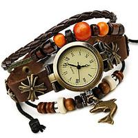 Women\'s Alloy Leather Handcrafted Vintage Bracelet Table Wrist Watch Strap Watch