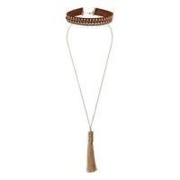 Womens Stud and Tassel Choker, Mid Brown