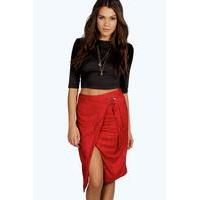 Wrap Front D Ring Belted Suedette Skirt - wine