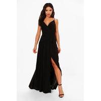 wrap ruched strappy maxi dress black