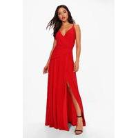 wrap ruched strappy maxi dress red