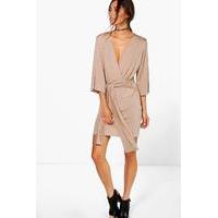 Wrap Front Plunge Neck Dress - tan