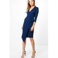 Wrap Front 3/4 Sleeve Midi Dress - navy