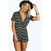 Wrap Front Cappped Sleeve Striped Playsuit - black