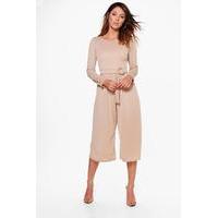 wrap front o ring belt jumpsuit sand