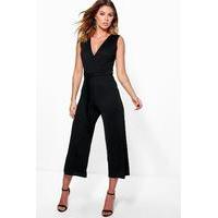 Wrap Front Belted Culotte Jumpsuit - black