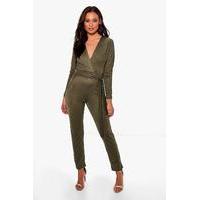 wrap front belted jumpsuit khaki