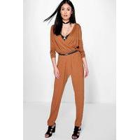 Wrap Front Jersey Jumpsuit - tan