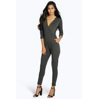 Wrap Front Self Belt Relaxed Jumpsuit - charcoal