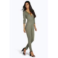 Wrap Front Self Belt Relaxed Jumpsuit - khaki