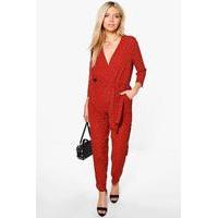 Wrap Front Polka Dot Jumpsuit - cinnamon