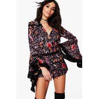 Wrap Front Floral Balloon Sleeve Playsuit - multi