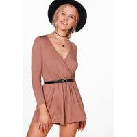 Wrap Over Jersey Playsuit - camel