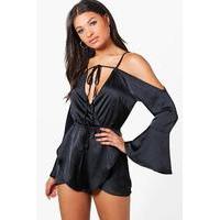 wrap front fluted sleeve playsuit black
