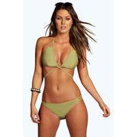 Wrap Front Tassel Trim Boho Triangle Bikini - khaki