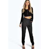 Wrap Front Tie Waist Tailored Trousers - black