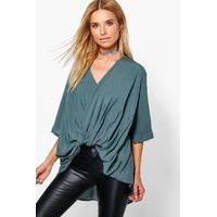 Wrap Front 3/4 Sleeve Blouse - grey