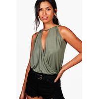 Wrap Front High Neck Drawstring Cami - khaki