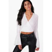 wrap front flute sleeve top white