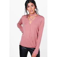 Wrap Choker Knitted Top - rose