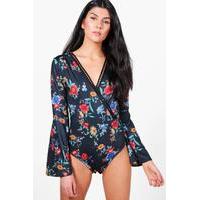 Wrapover Floral Bodysuit - black