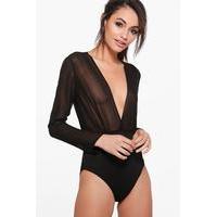 Wrapover Long Sleeve Woven Bodysuit - black