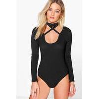 Wrap Choker Neck Long Sleeve Rib Body - black