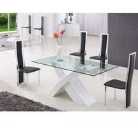 X Glass Dining Table in High Gloss White Base With 6 Chairs