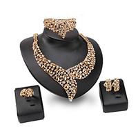 XIXI Women\'s Vintage 18K Gold Plated Zirconia Cut Out Flower Necklace Earrings Bracelet Ring Jewelry Set