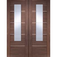 XL Joinery Portici Walnut Pre-Finished Rebated Internal Door Pair with Clear Glass 78in x 60in x 40mm (1981 x 1524mm)