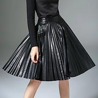 XSSL Women\'s A Line Solid Pleated Skirts, Going out / Casual/Daily / Work Simple / Street chic / Punk Gothic Mid Rise Knee-length Zipper PU