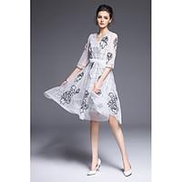 YANG X-M Women\'s Going out Casual/Daily Cute A Line DressEmbroidered V Neck Knee-length Length Sleeve Polyester Taffeta Spring Summer Mid Rise