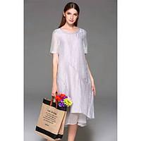 YANG X-M Women\'s Going out Casual/Daily Chinoiserie Loose DressSolid Round Neck Knee-length Short Sleeve Silk Spring Summer Mid Rise Inelastic