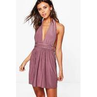 yasmin plait detail plunge skater dress mauve