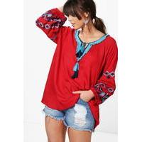 Yasmine Embroidered Fringe Top - red